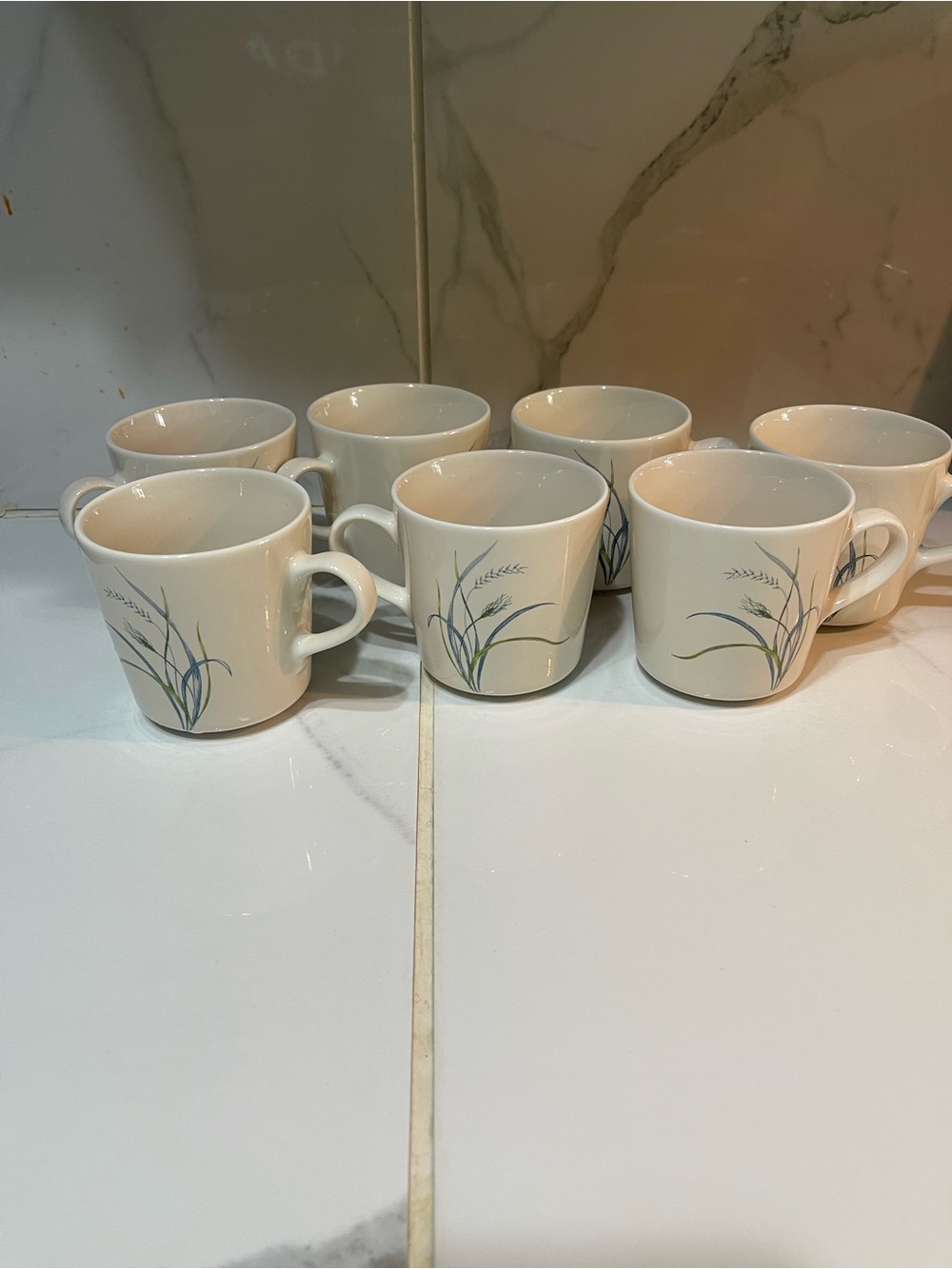 Corelle Cream Mugs with Blue and Green Grass Motif - Set of 8